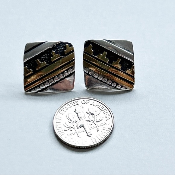 Vintage Tommy Charlie Navajo Sterling Silver Gold Sculptural Earrings - Picture 9 of 10